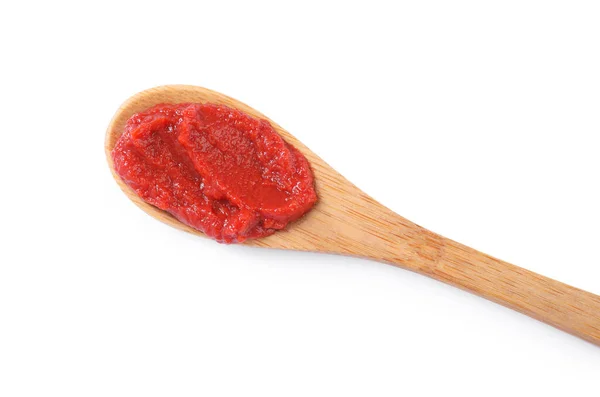 Wooden Spoon Tasty Tomato Paste Isolated White Top View — Stock Photo, Image