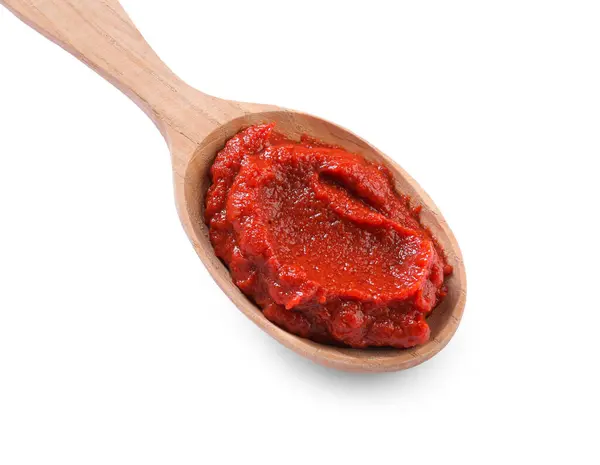 Wooden Spoon Tasty Tomato Paste Isolated White — Stock Photo, Image