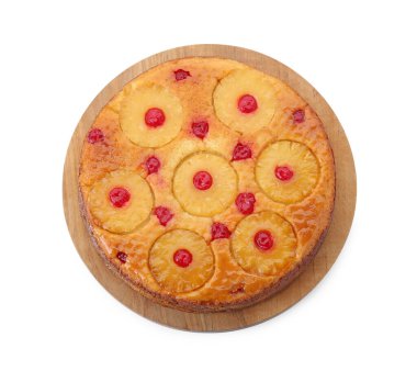 Kirazlı lezzetli ananaslı pasta, beyaz, üst manzara.