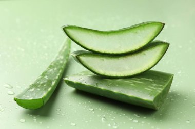 Yeşil arkaplanda taze aloe vera parçaları