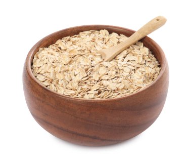 Yulaf ezmeli kase ve kepçe beyaza izole edilmiş.