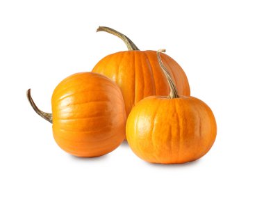 Birçok taze turuncu balkabağı beyaza izole edilmiş.