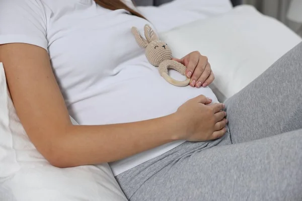 Pregnant Woman Bunny Toy Lying Bed Closeup — Stock Photo, Image