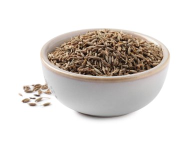 Bowl of aromatic caraway (Persian cumin) seeds isolated on white clipart