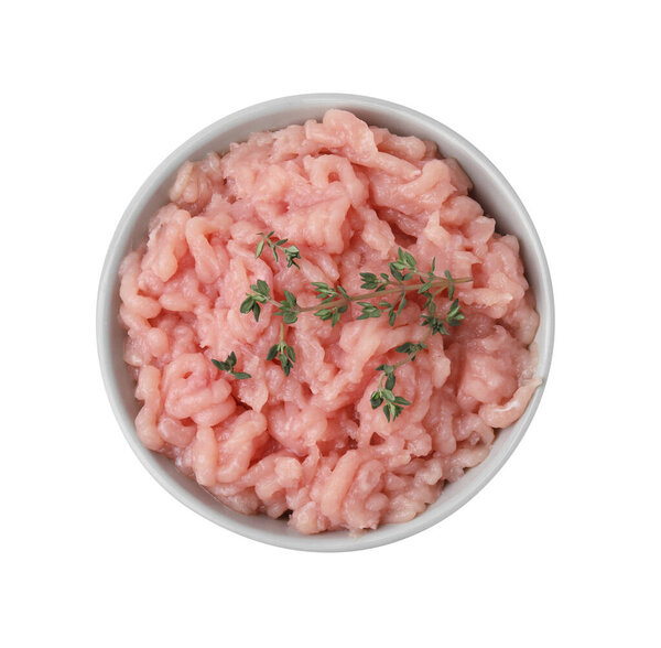Fresh raw minced meat and thyme in bowl isolated on white, top view