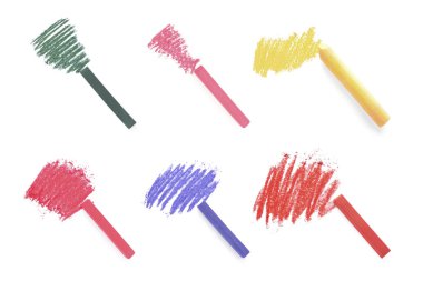 Renkli yumuşak pasteller ve beyaz arka planda karalamalar, üst manzara. Çizim arzı