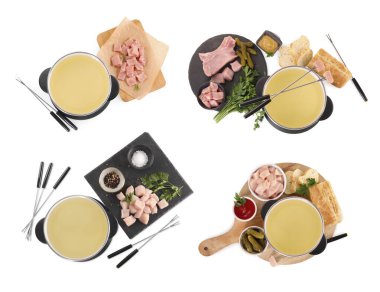 Fondü tenceresi, çiğ et ve beyaza izole edilmiş diğer ürünler, üst görünüm