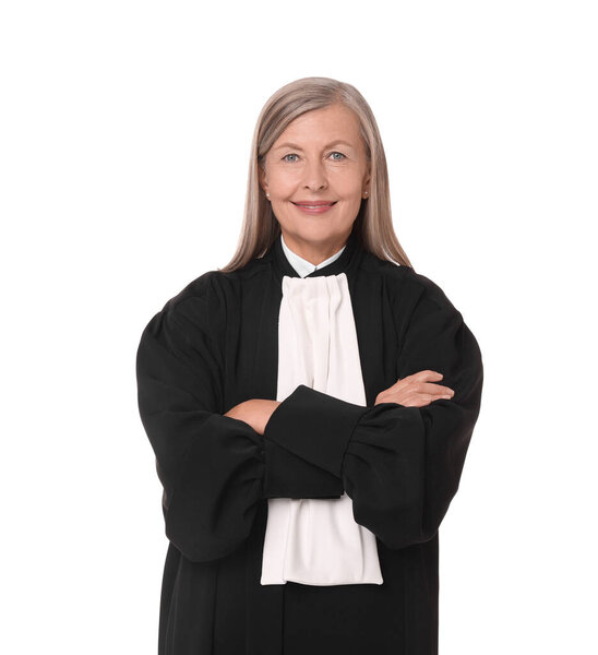 Smiling senior judge with crossed arms on white background