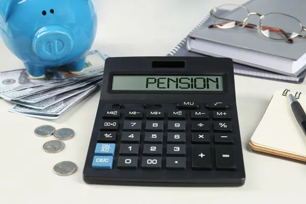 Calculator Piggy Bank Money Glasses Notebooks White Table Pension Planning — Stock Photo, Image