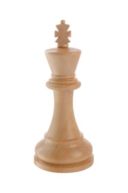 Beyaz üzerine izole edilmiş bir tahta satranç kralı.