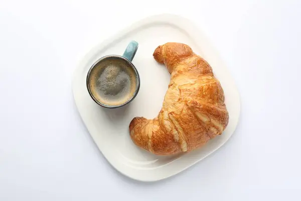 Delicious Fresh Croissant Cup Coffee White Background Top View — Stock Photo, Image