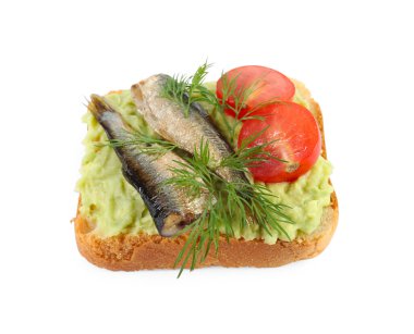 Lezzetli sandviç, domates, dereotu ve avokado püresi.