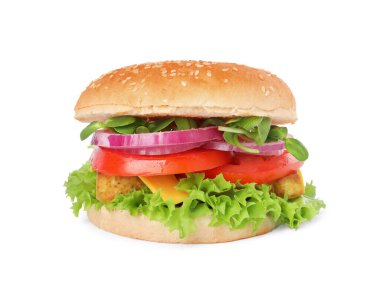 Tofulu leziz burger ve taze sebzeler beyaz üzerine izole edilmiş.
