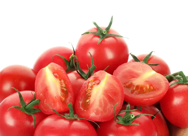 Whole Cut Cherry Tomatoes Isolated White Closeup — Stock Photo, Image