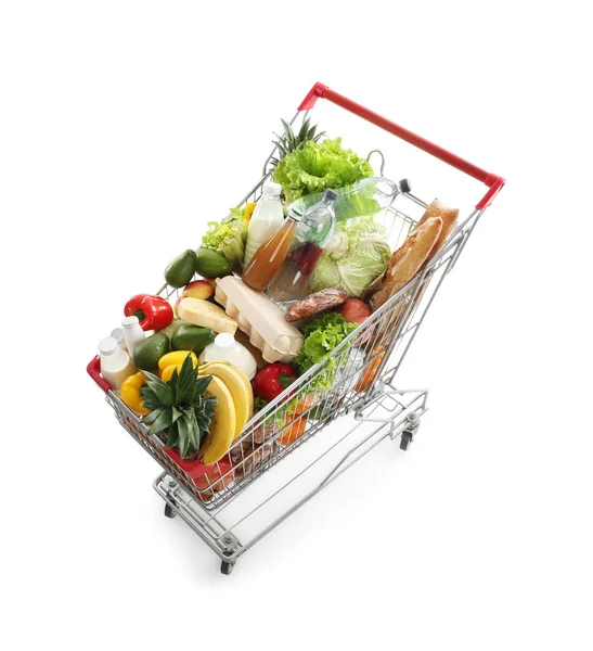 Beyaz arka planda alışveriş arabası, manzaranın üstünde.