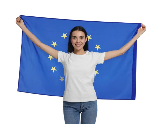 Mulher Segurando Bandeira União Europeia Fundo Branco — Fotografia de Stock