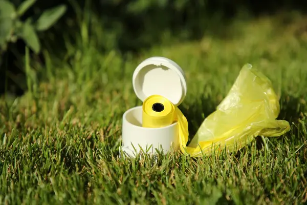 Holder Dog Waste Bags Green Grass Sunny Day — Stock Photo, Image