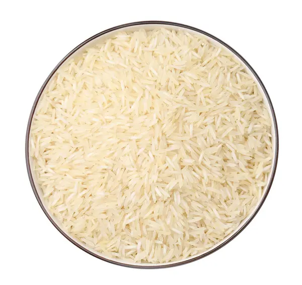 stock image Raw rice in bowl isolated on white, top view