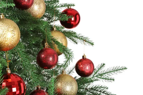 Όμορφο Χριστουγεννιάτικο Δέντρο Διακοσμημένο Στολίδια Που Απομονώνονται Λευκό — Φωτογραφία Αρχείου