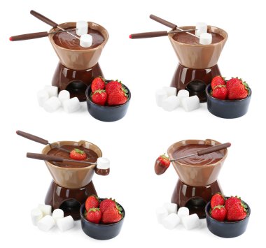 Çikolatalı fondü tenceresi, çilek ve marşmelov beyaza izole edilmiş, set.