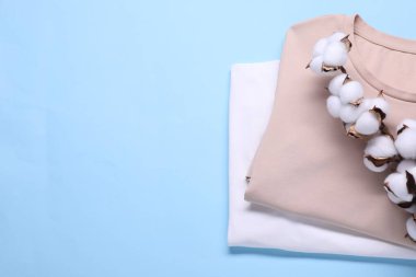 Tüylü çiçekli pamuk dalı ve açık mavi arka planda tişörtlü, üst manzaralı. Metin için boşluk