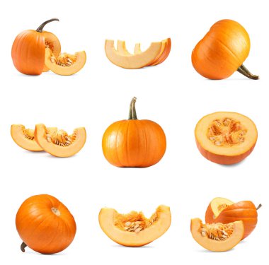 Taze olgun balkabaklarının tamamı beyaz ve sette izole edilmiş.