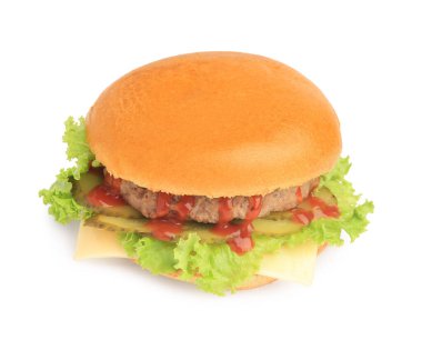 Lezzetli bir hamburger, beyaz üzerine yalıtılmış marul ve peynir
