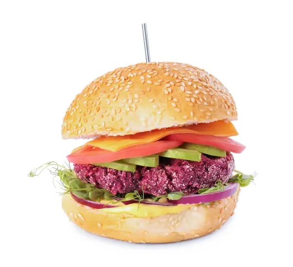 Tasty vegetarian burger with beet cutlet, cheese, avocado and tomato isolated on white