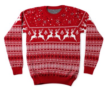 Kırmızı Noel süveteri ile ren geyiği süslemesi beyaz, üst manzara