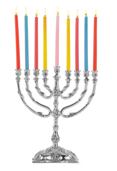 Menorah Med Brinnande Ljus Isolerade Vitt Hanukkah Symbol — Stockfoto