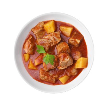 Beyaz tenceredeki leziz gulaş, üst manzara.