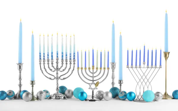 Celebración Hanukkah Composición Con Diferentes Menorah Adornos Festivos Sobre Mesa —  Fotos de Stock