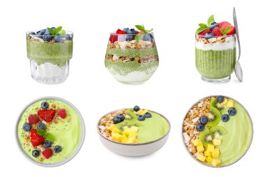 Kibrit çay pudingleri ve meyve suyu kaseleri beyaz, kolleksiyona izole edilmiş