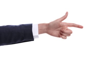 Beyaz arka planda işaret parmağı olan kadın, yakın plan