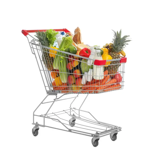 Shopping Cart Groceries White Background — Stock Photo, Image