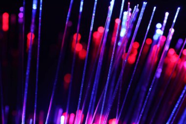 Optik fiber iplikler siyah arkaplanda farklı renk ışıkları iletiyor, yakın plan