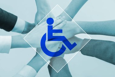 Inclusive workplace culture. International symbol of access. People holding hands together, closeup clipart