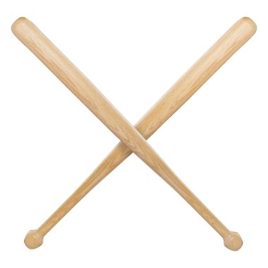 İki çapraz ahşap beyzbol sopası beyaza saplanmış.