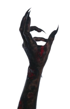 Beyaz arka planda korkunç bir canavar, yakın plan. Cadılar Bayramı karakteri