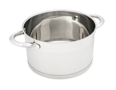 Beyaz tencereye izole edilmiş boş bir çelik kap.