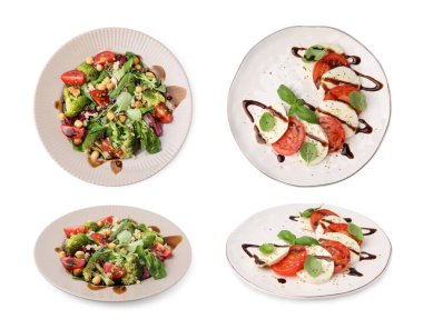 Beyaz üzerine izole edilmiş balzamik sirkeli leziz salatalar, üst ve yan manzaralı.