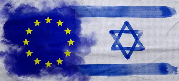 International relations. Flags of Israel and European Union on textured surface, banner design