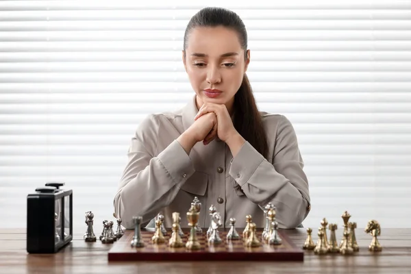 Woman Playing Chess Tournament Table Indoors Stock Photo