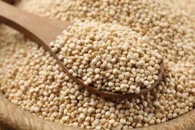 Kuru kinoa tohumları ve kaşık kasede, yakın çekim.