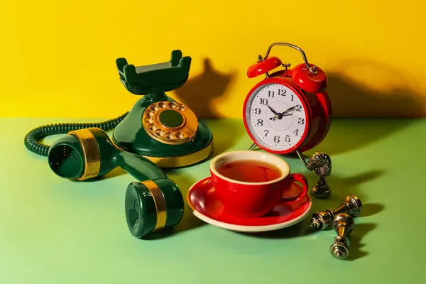 Red Cup Tea Alarm Clock Vintage Telephone Chessmen Light Green — Stock Photo, Image