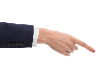 Beyaz arka planda işaret parmağı olan kadın, yakın plan