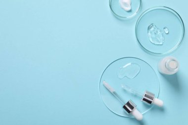 Açık mavi arka planda kozmetik serum, şişe ve pipetlerden örnekler içeren petri kapları düz. Metin için boşluk