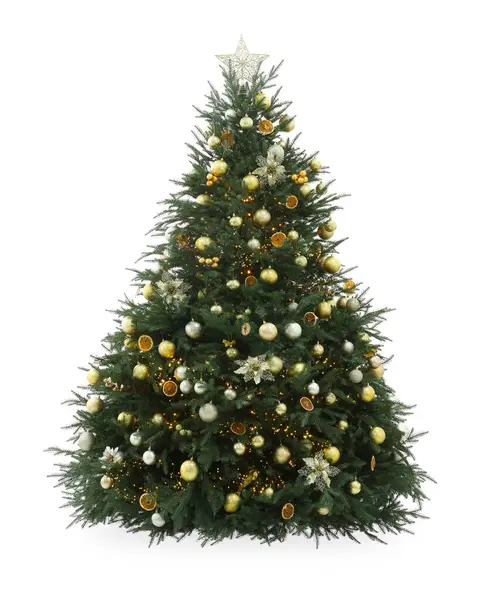 Beautiful Christmas Tree Decorated Ornaments Isolated White — Stock Photo, Image
