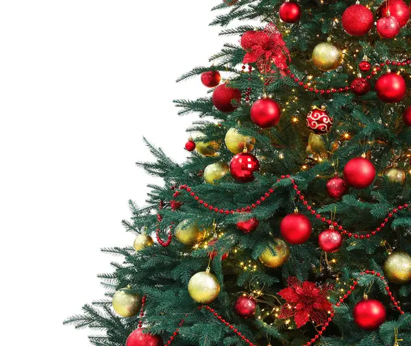 Süs Çelenkle Süslenmiş Güzel Noel Ağacı Beyaza Izole Edilmiş — Stok fotoğraf