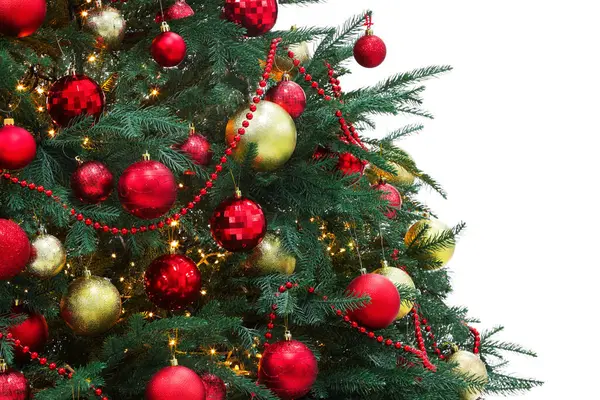 Όμορφο Χριστουγεννιάτικο Δέντρο Διακοσμημένο Στολίδια Και Γιρλάντα Απομονωμένη Λευκό — Φωτογραφία Αρχείου